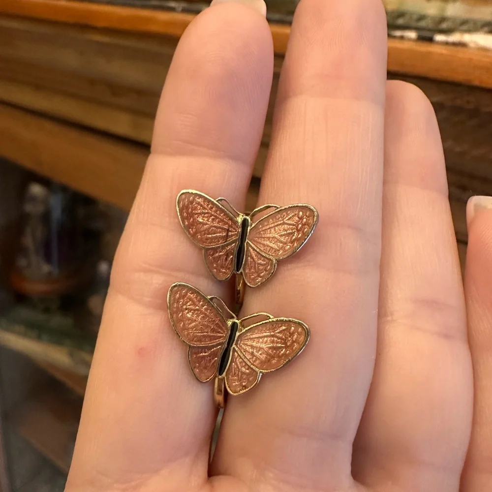 Vintage Enamel Pink Butterfly Screw Back Earrings